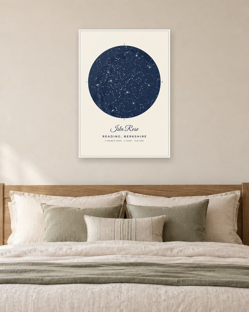 A star map titled Isla Rose: the sky over Reading at 4.12am on 3 March 2025, with the weight in the small line, in a white frame above a bed