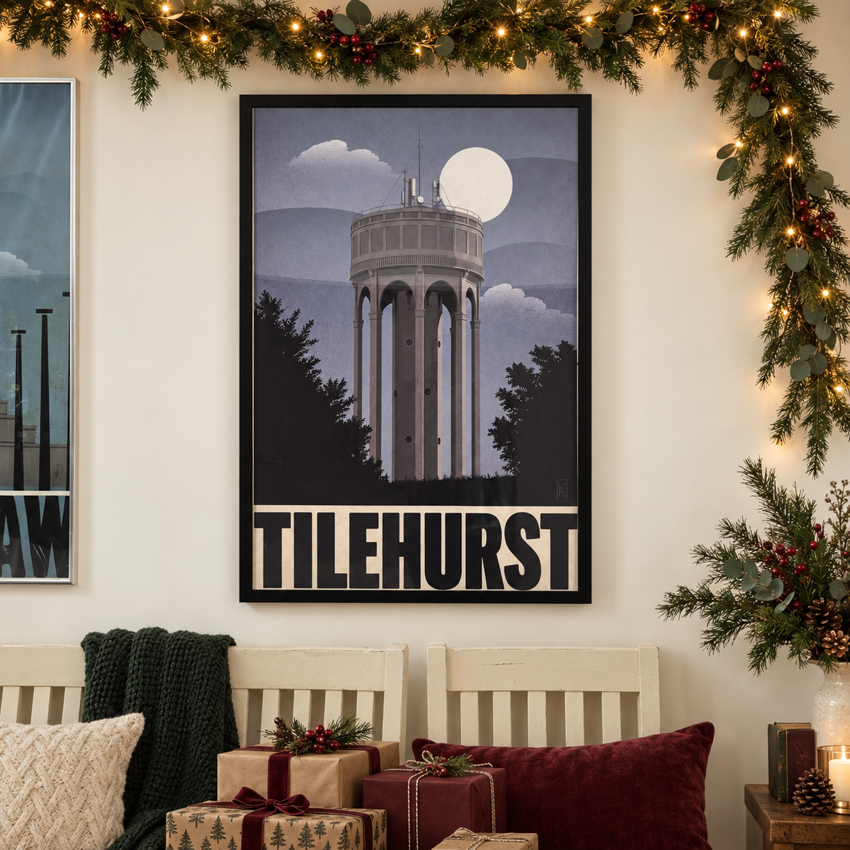 AI-styled Christmas room mockup featuring a framed Tilehurst Water Tower print, evergreen garlands and wrapped gifts