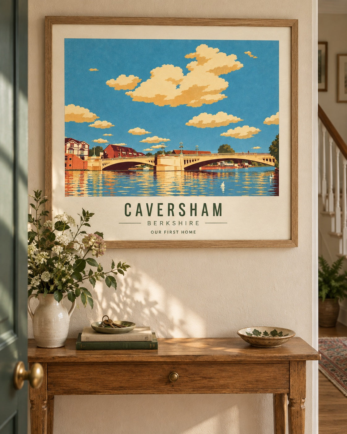 Illustrative mockup of a personalised Caversham print styled as a home gift