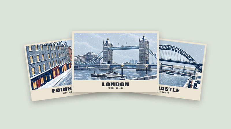 Winter Christmas cards of real UK places, drawn from real photographs
