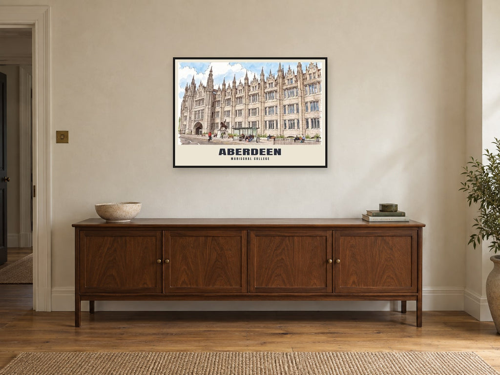 Marischal College, Aberdeen Poster at A1, in a black frame, above a sideboard