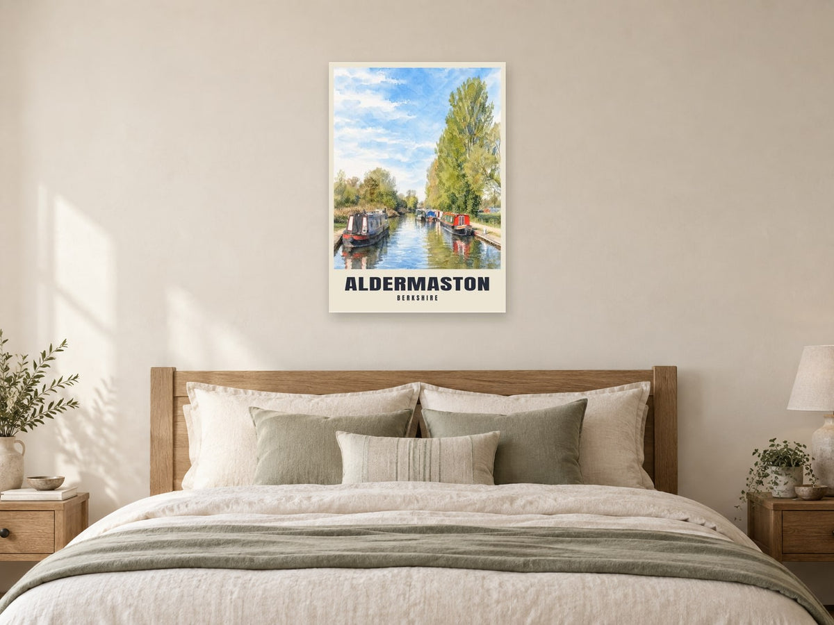 Aldermaston Wharf Poster at A1, as a poster, above a bed