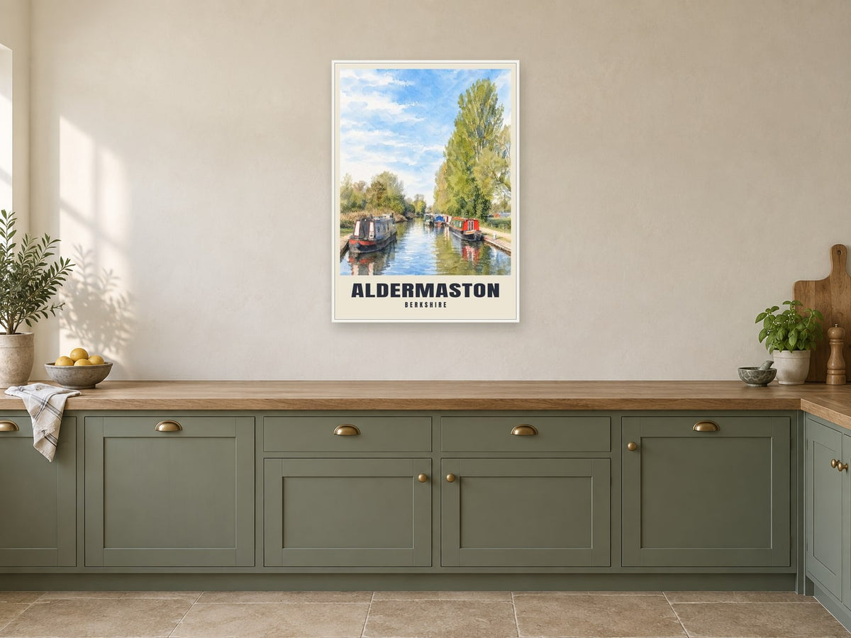 Aldermaston Wharf Poster at A1, in a white frame, in a kitchen