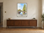 Aldermaston Wharf Poster at A1, in a black frame, above a sideboard
