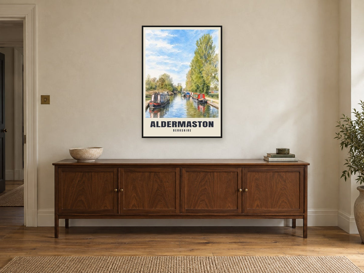 Aldermaston Wharf Poster at A1, in a black frame, above a sideboard