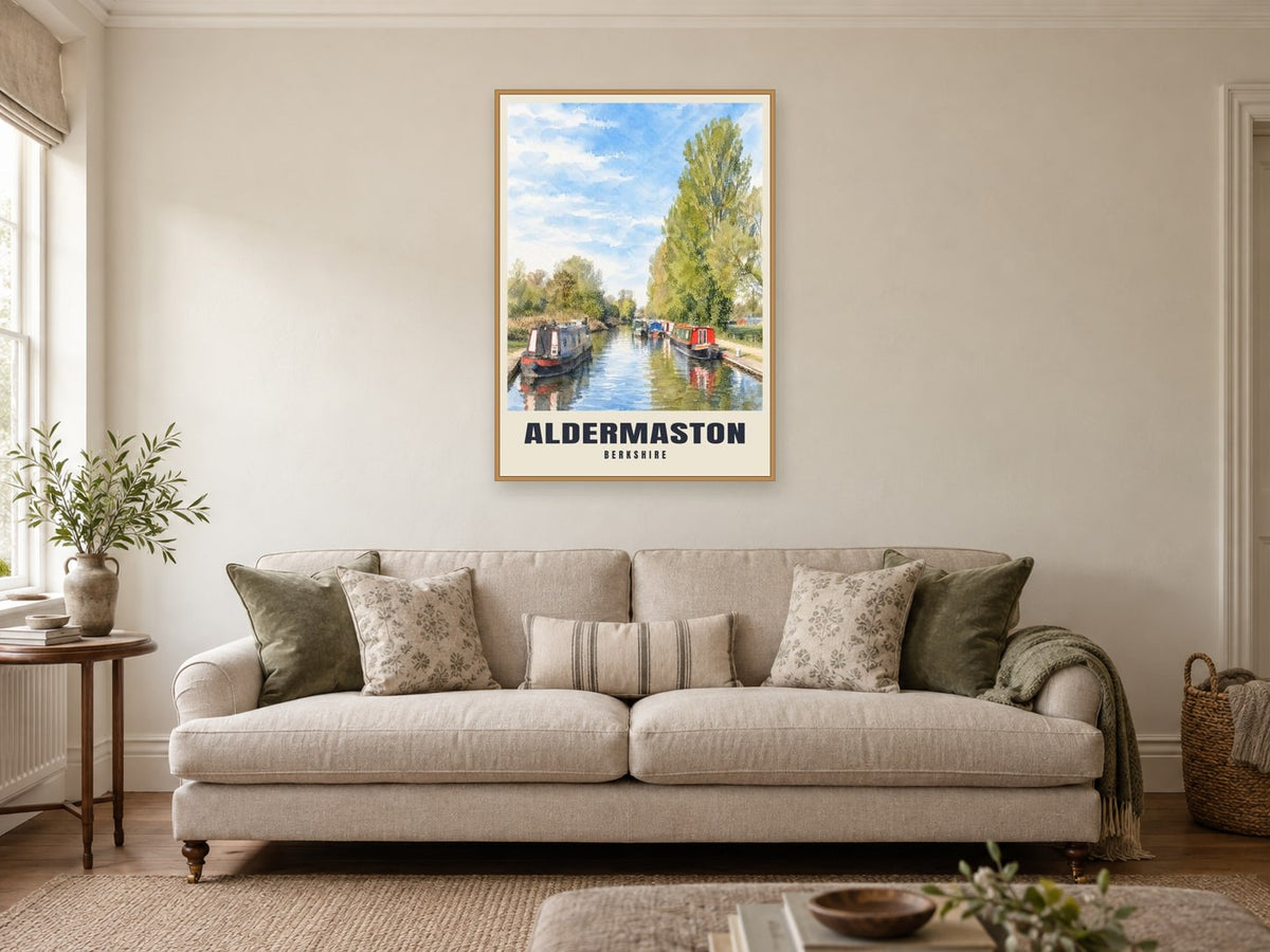 Aldermaston Wharf Poster at A1, in an oak frame, in a sitting room