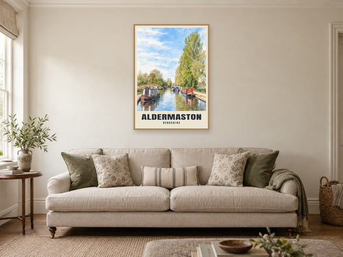 Aldermaston Wharf Poster at A1, in an oak frame, in a sitting room