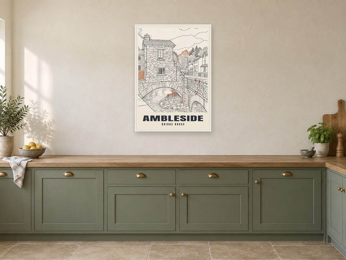 Bridge House, Ambleside Poster at A1, in a white frame, in a kitchen