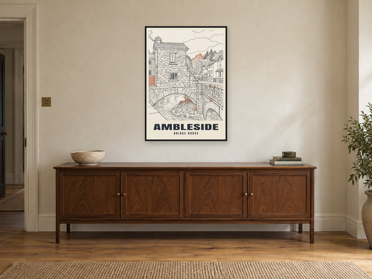 Bridge House, Ambleside Poster at A1, in a black frame, above a sideboard