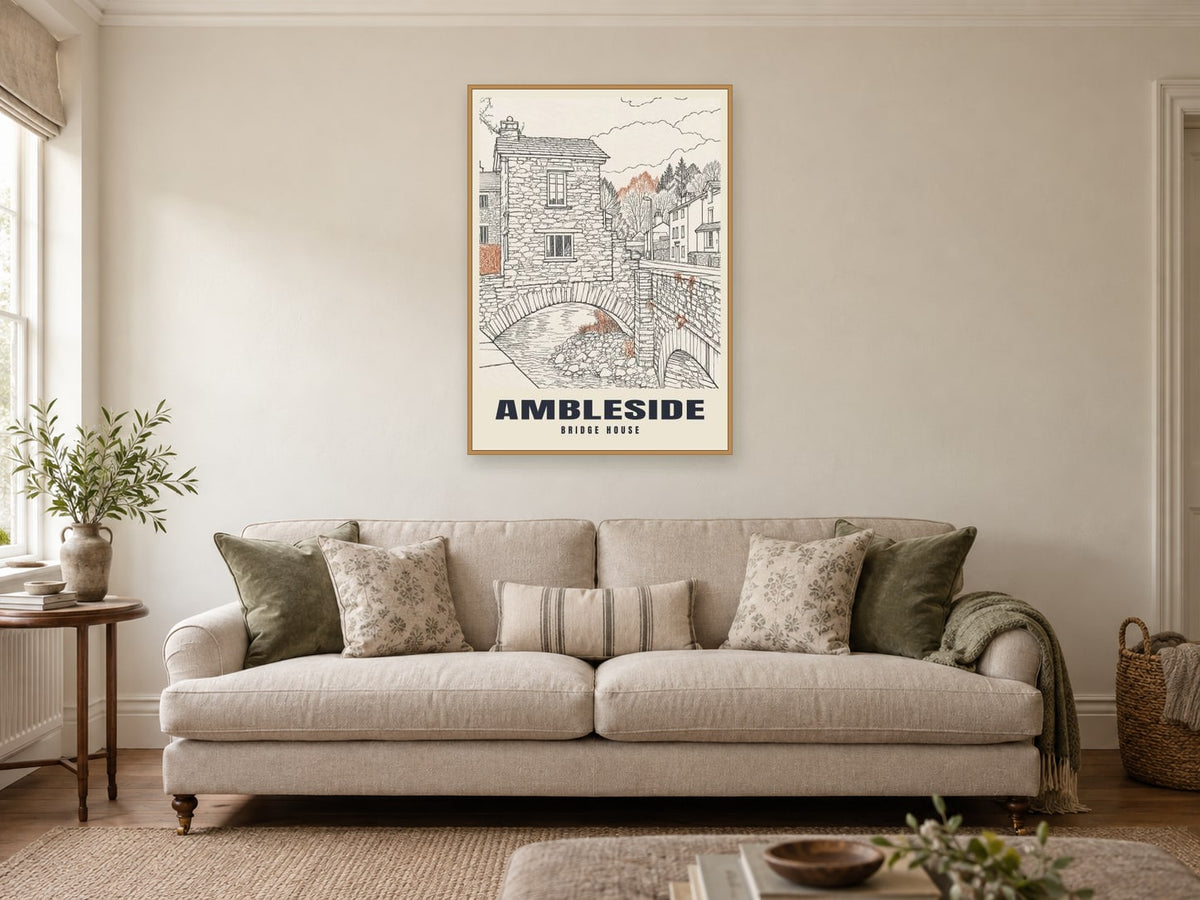 Bridge House, Ambleside Poster at A1, in an oak frame, in a sitting room