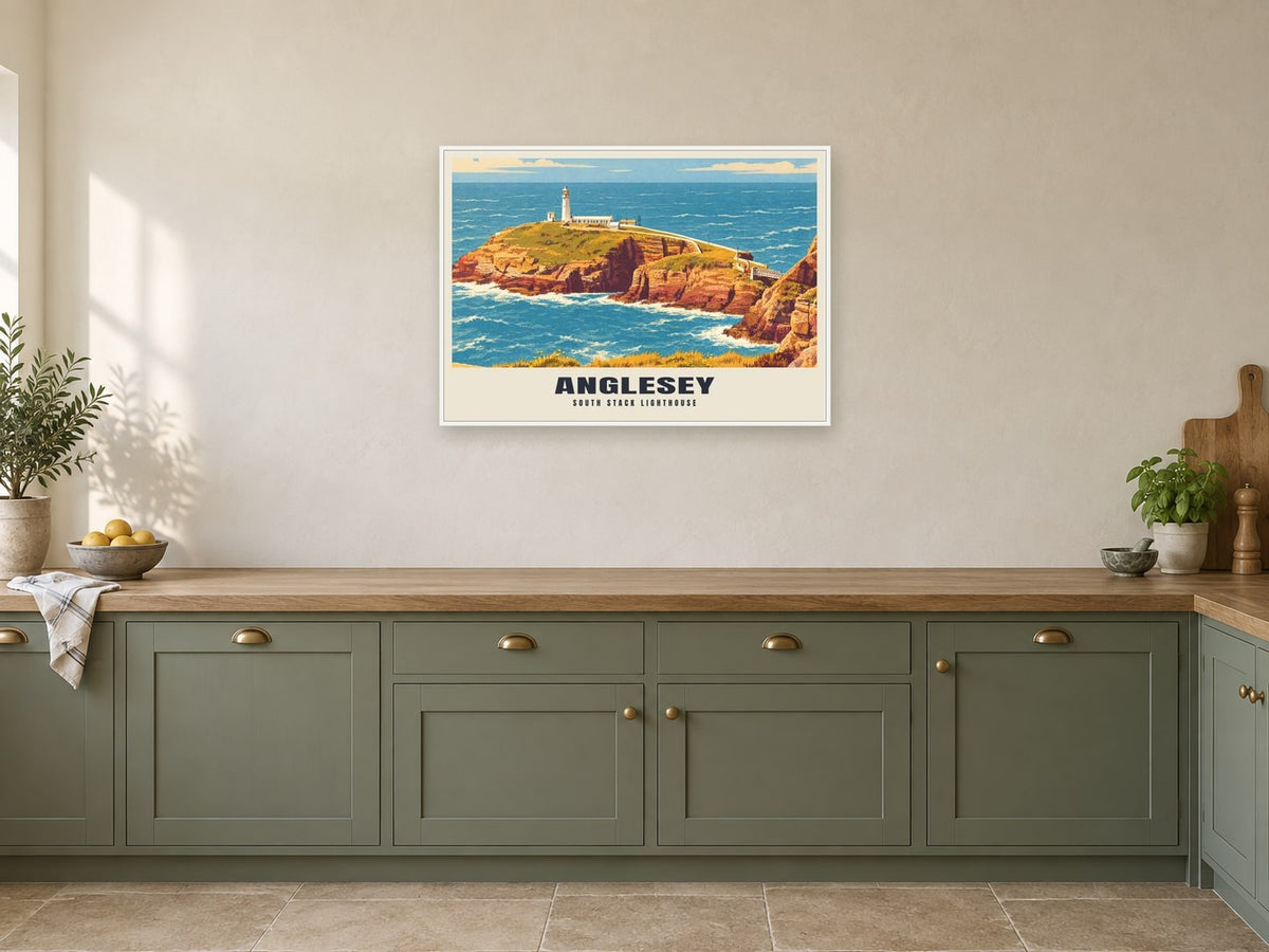 South Stack lighthouse, Anglesey Poster at A1, in a white frame, in a kitchen