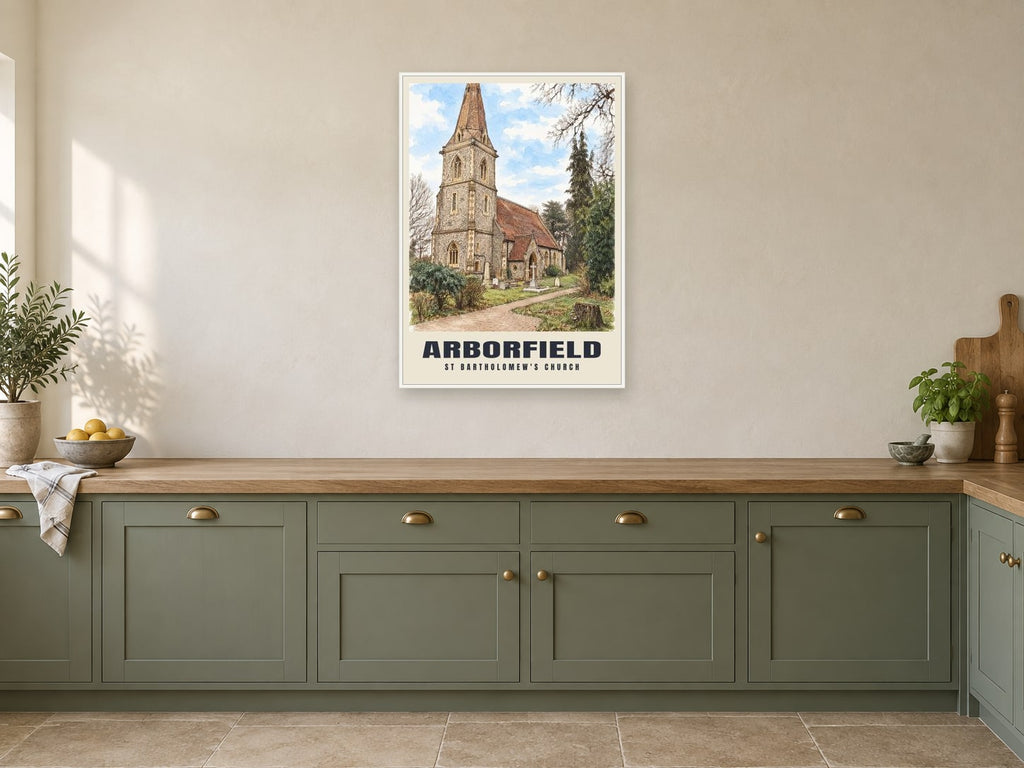 St Bartholomew's Church, Arborfield Poster at A1, in a white frame, in a kitchen