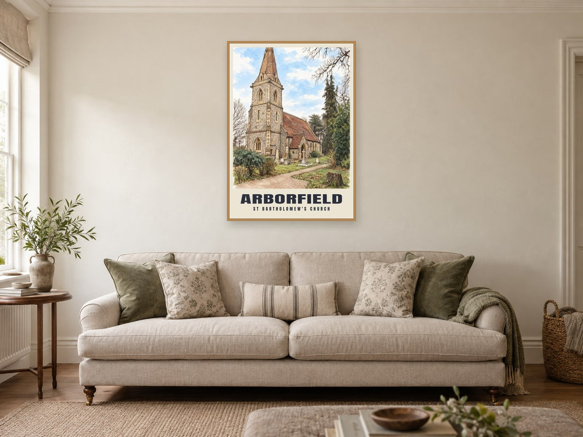 St Bartholomew's Church, Arborfield Poster at A1, in an oak frame, in a sitting room