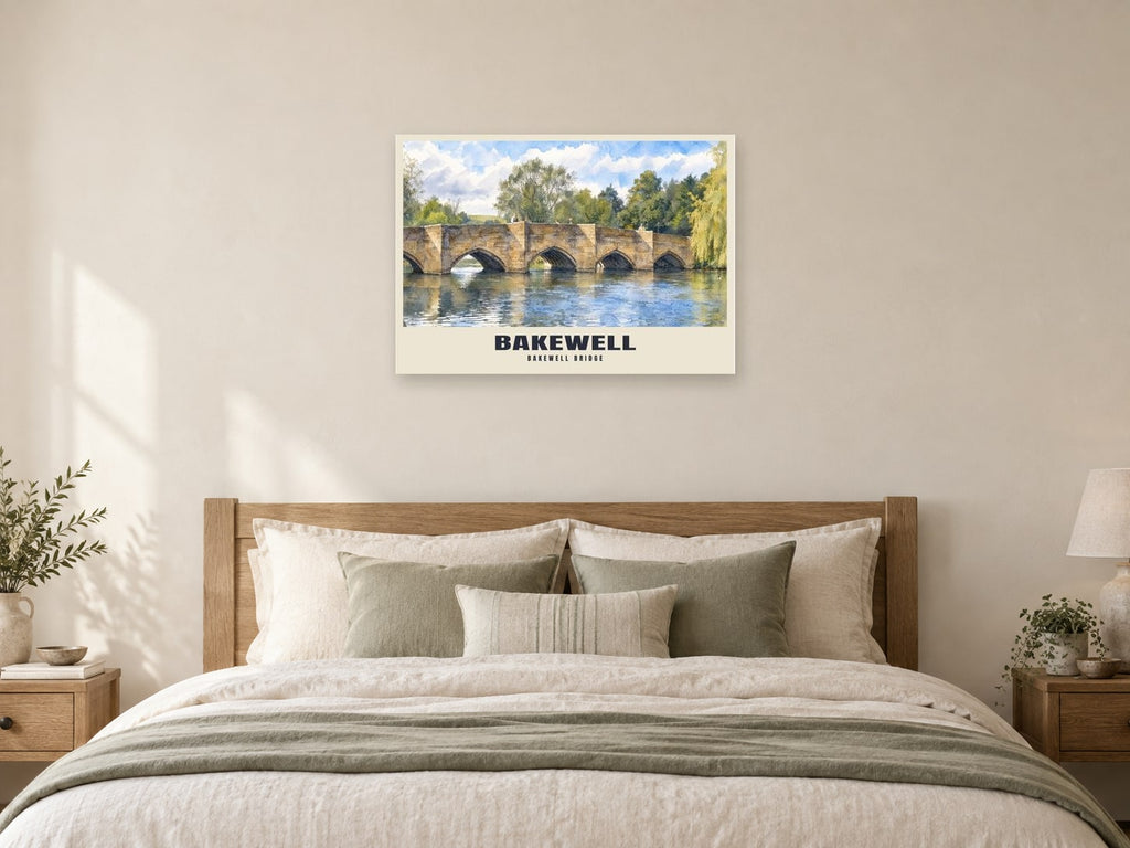 Bakewell Bridge Poster at A1, as a poster, above a bed