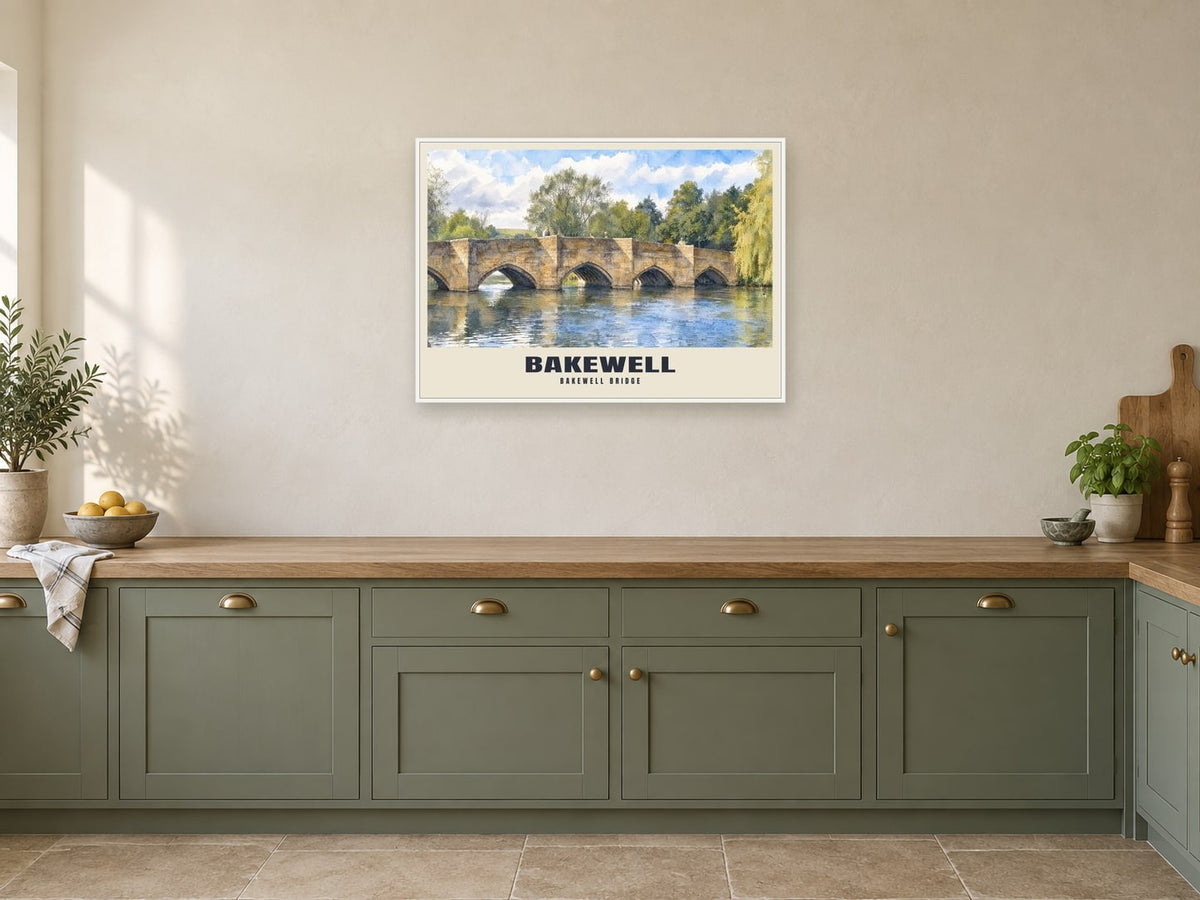 Bakewell Bridge Poster at A1, in a white frame, in a kitchen