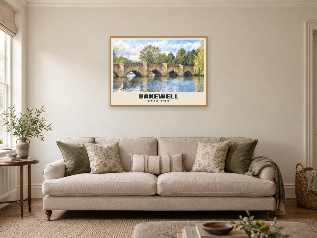 Bakewell Bridge Poster at A1, in an oak frame, in a sitting room