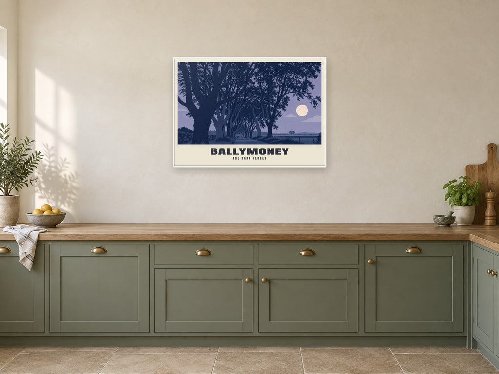 The Dark Hedges, Ballymoney Poster at A1, in a white frame, in a kitchen