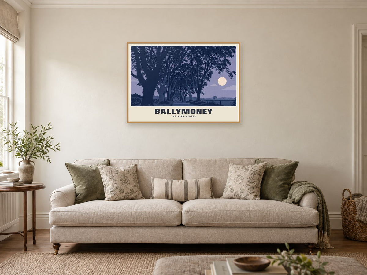The Dark Hedges, Ballymoney Poster at A1, in an oak frame, in a sitting room