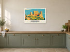 Bamburgh Castle Poster at A1, in a white frame, in a kitchen