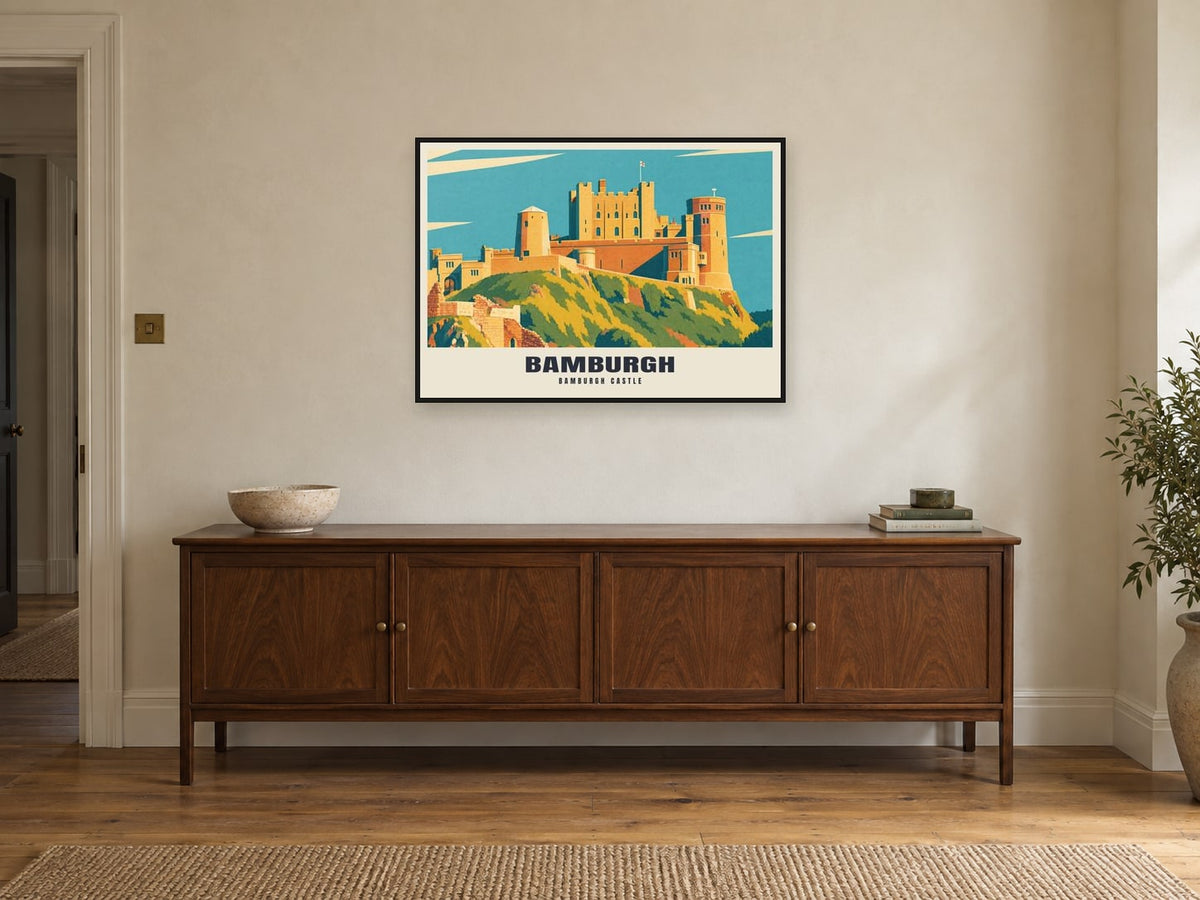 Bamburgh Castle Poster at A1, in a black frame, above a sideboard