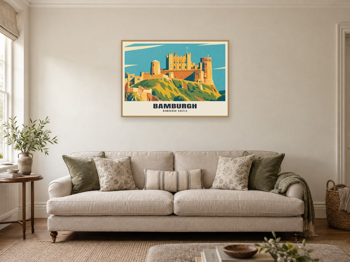 Bamburgh Castle Poster at A1, in an oak frame, in a sitting room