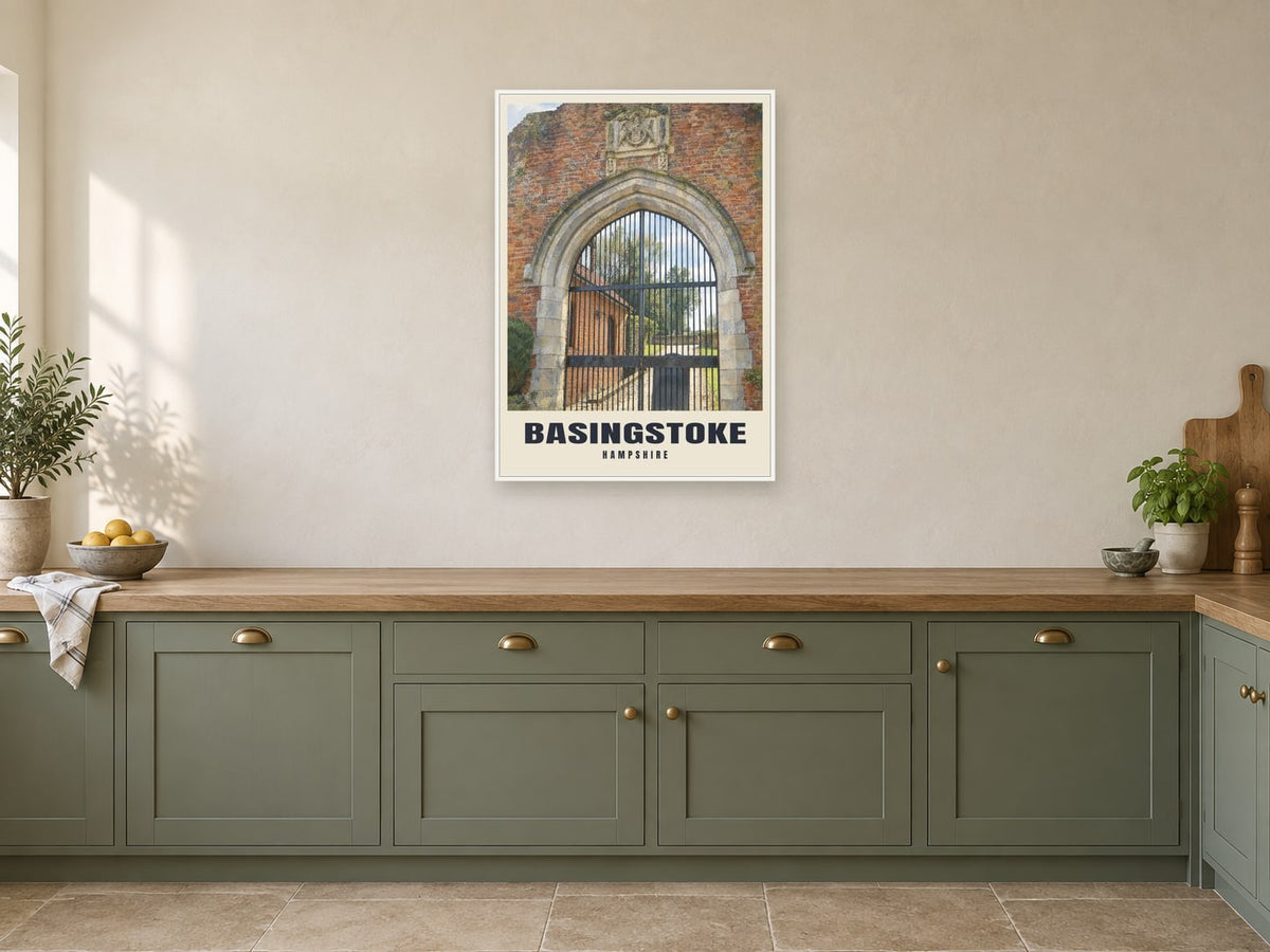 Basing House, Basingstoke Poster at A1, in a white frame, in a kitchen