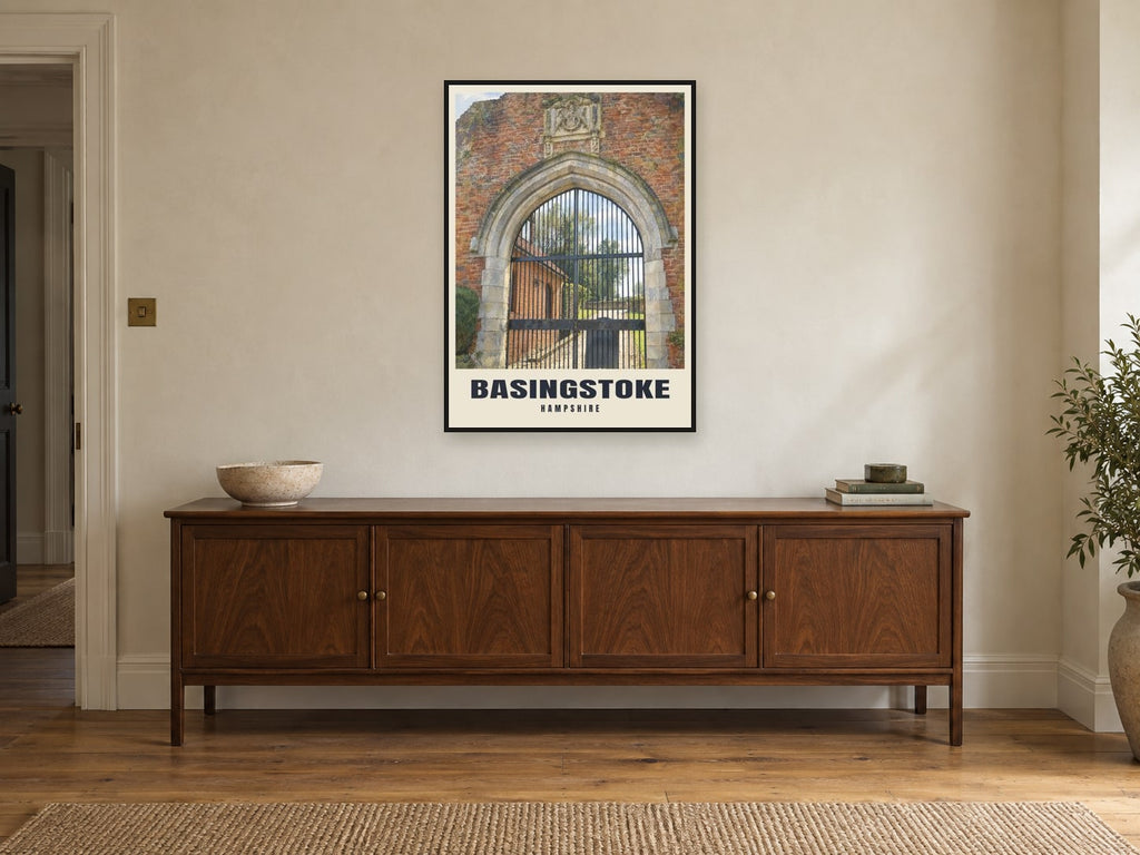 Basing House, Basingstoke Poster at A1, in a black frame, above a sideboard
