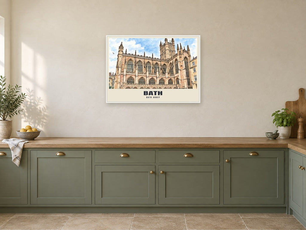 Bath Abbey Poster at A1, in a white frame, in a kitchen