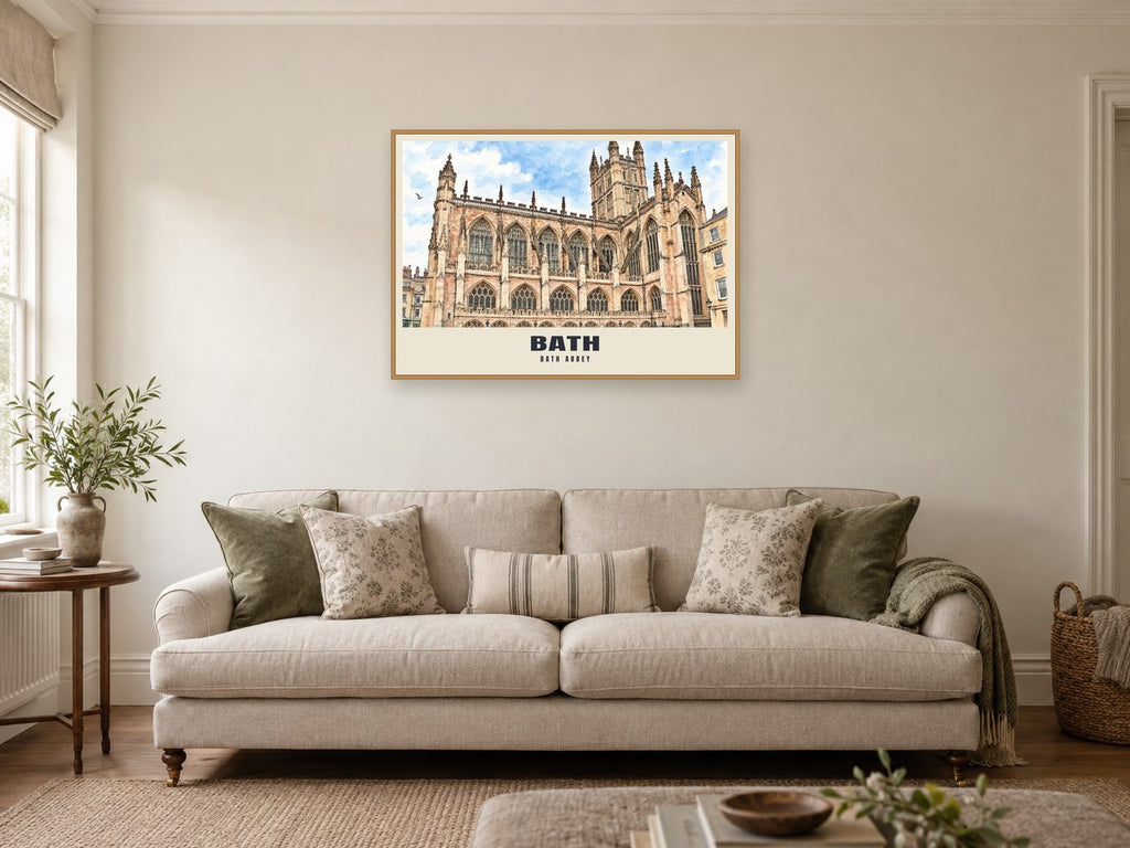 Bath Abbey Poster at A1, in an oak frame, in a sitting room