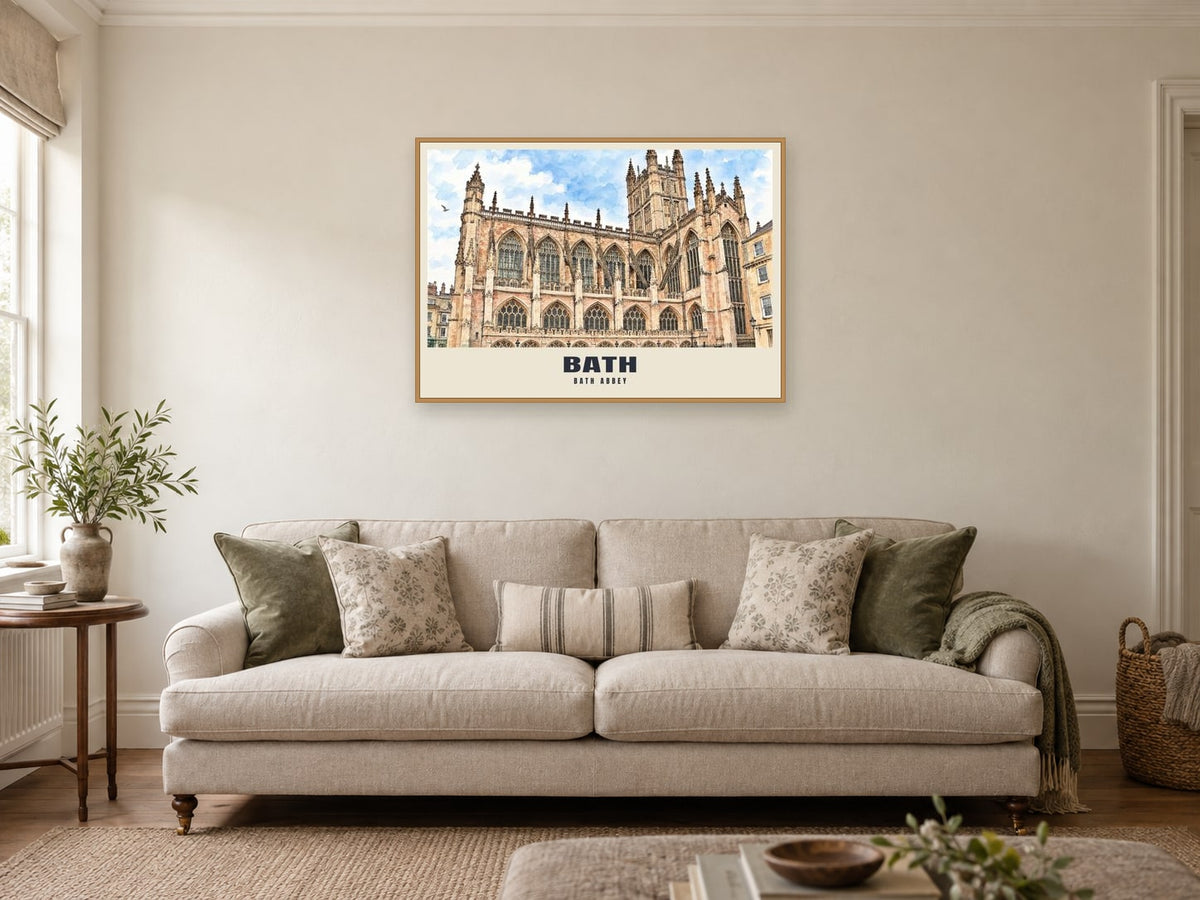 Bath Abbey Poster at A1, in an oak frame, in a sitting room