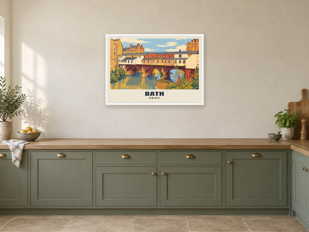 Bath Poster at A1, in a white frame, in a kitchen