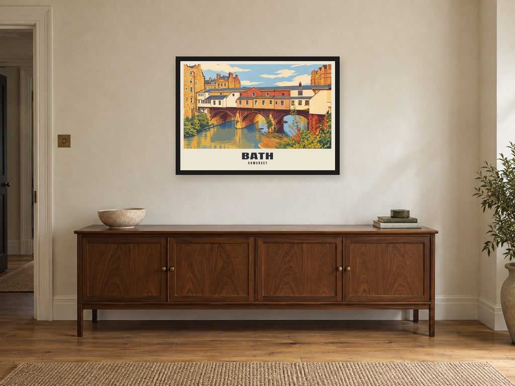 Bath Poster at A1, in a black frame, above a sideboard