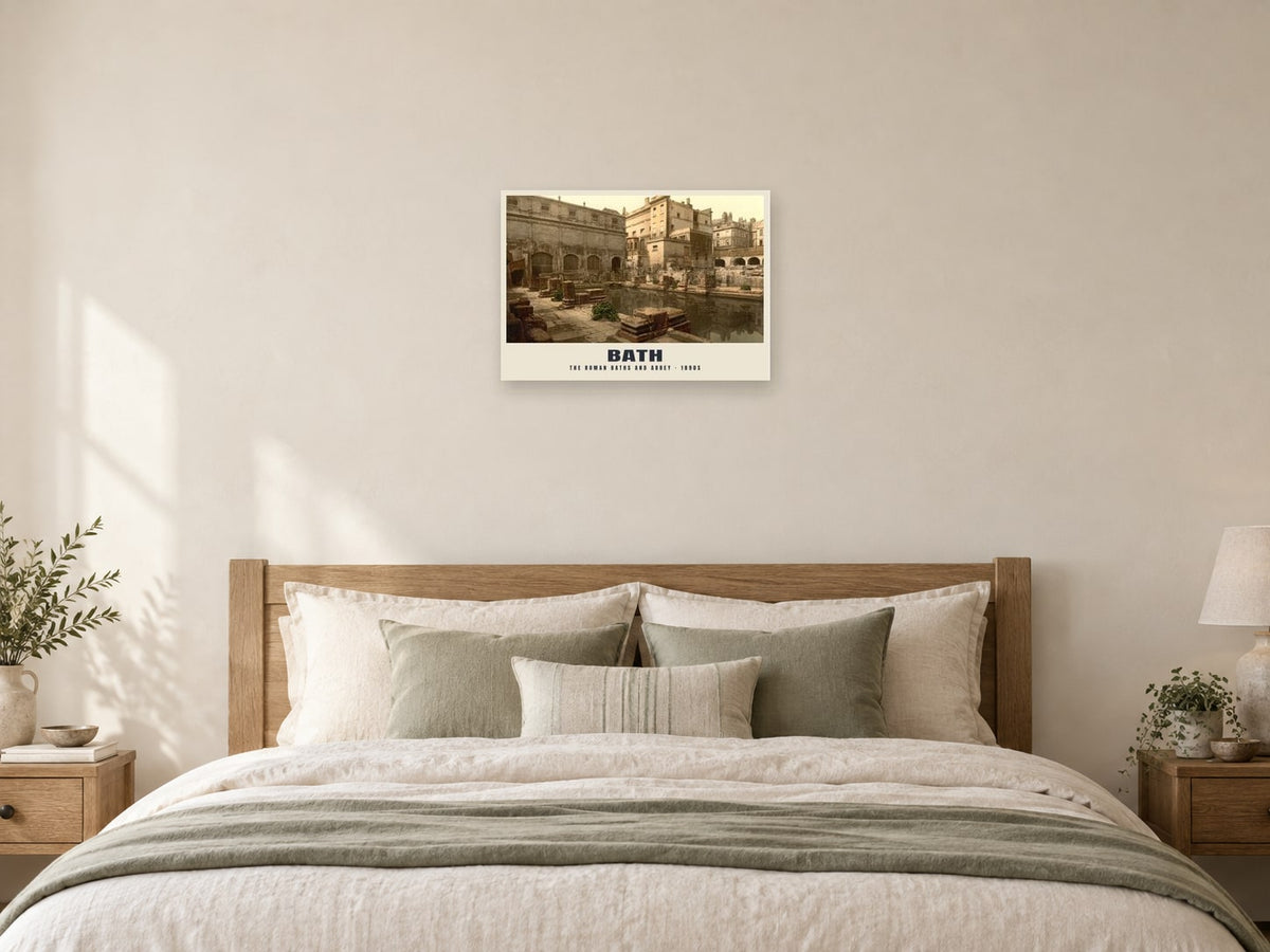 The Roman Baths and Abbey, 1890s Heritage Print at A2, as a poster, above a bed
