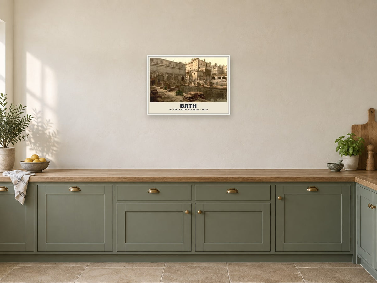The Roman Baths and Abbey, 1890s Heritage Print at A2, in a white frame, in a kitchen