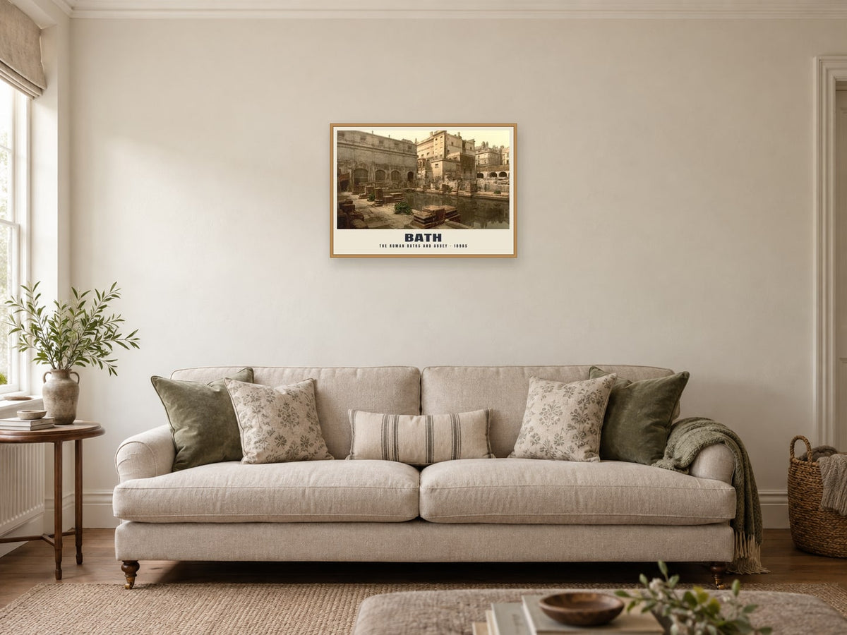 The Roman Baths and Abbey, 1890s Heritage Print at A2, in an oak frame, in a sitting room