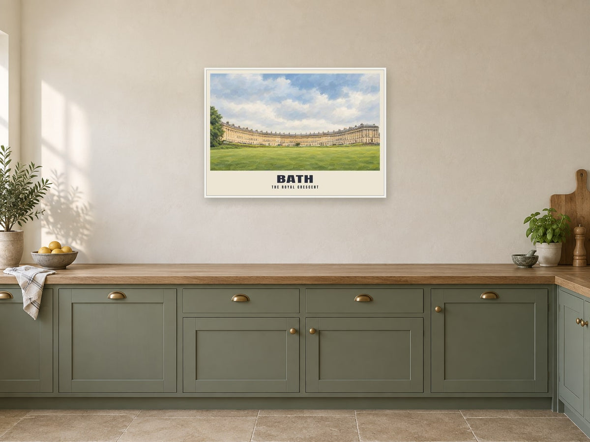 The Royal Crescent, Bath Poster at A1, in a white frame, in a kitchen