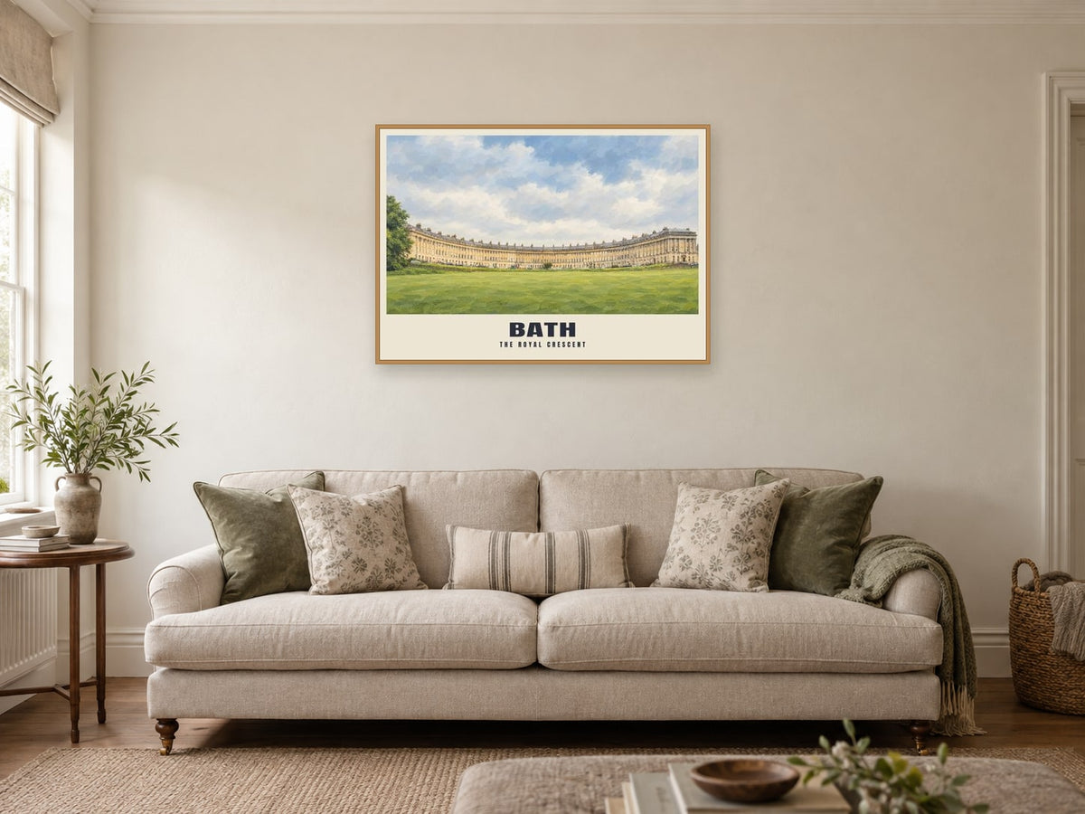 The Royal Crescent, Bath Poster at A1, in an oak frame, in a sitting room