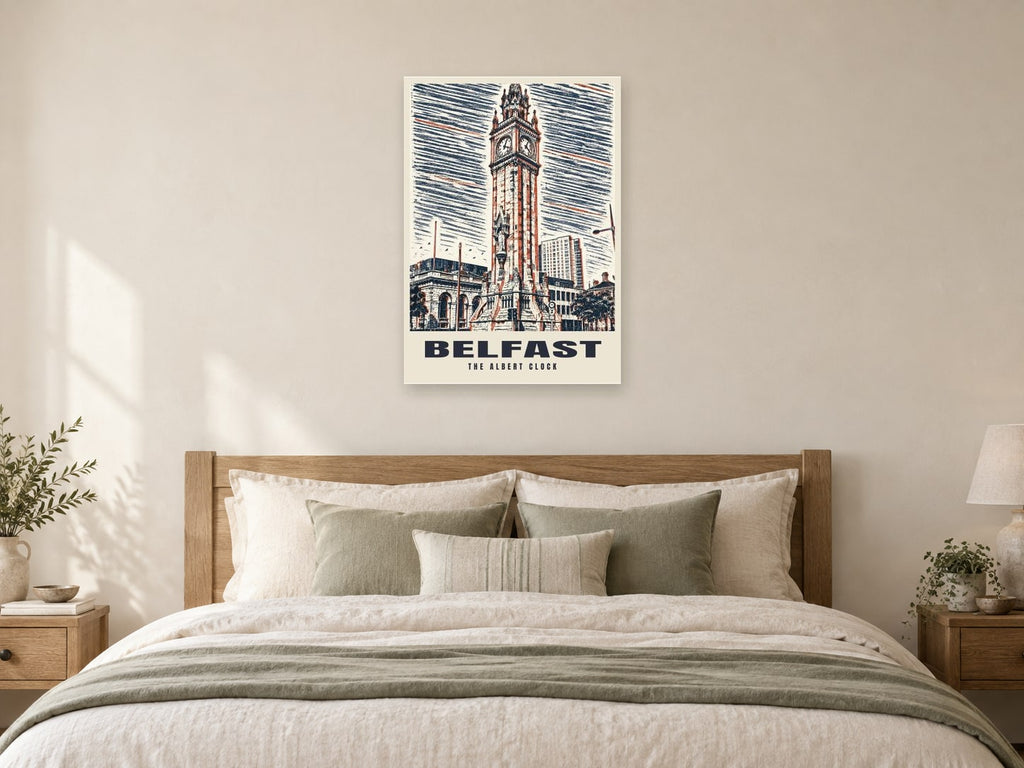 The Albert Clock, Belfast Poster at A1, as a poster, above a bed