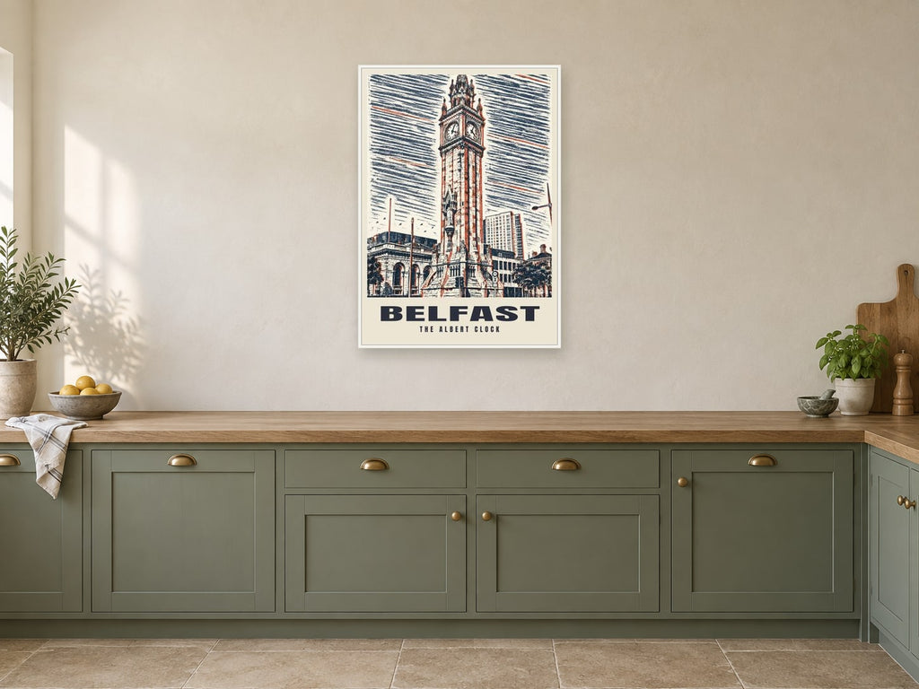 The Albert Clock, Belfast Poster at A1, in a white frame, in a kitchen