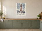 The Albert Clock, Belfast Poster at A1, in a white frame, in a kitchen