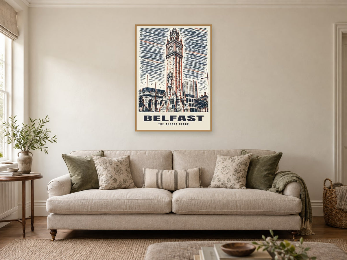 The Albert Clock, Belfast Poster at A1, in an oak frame, in a sitting room