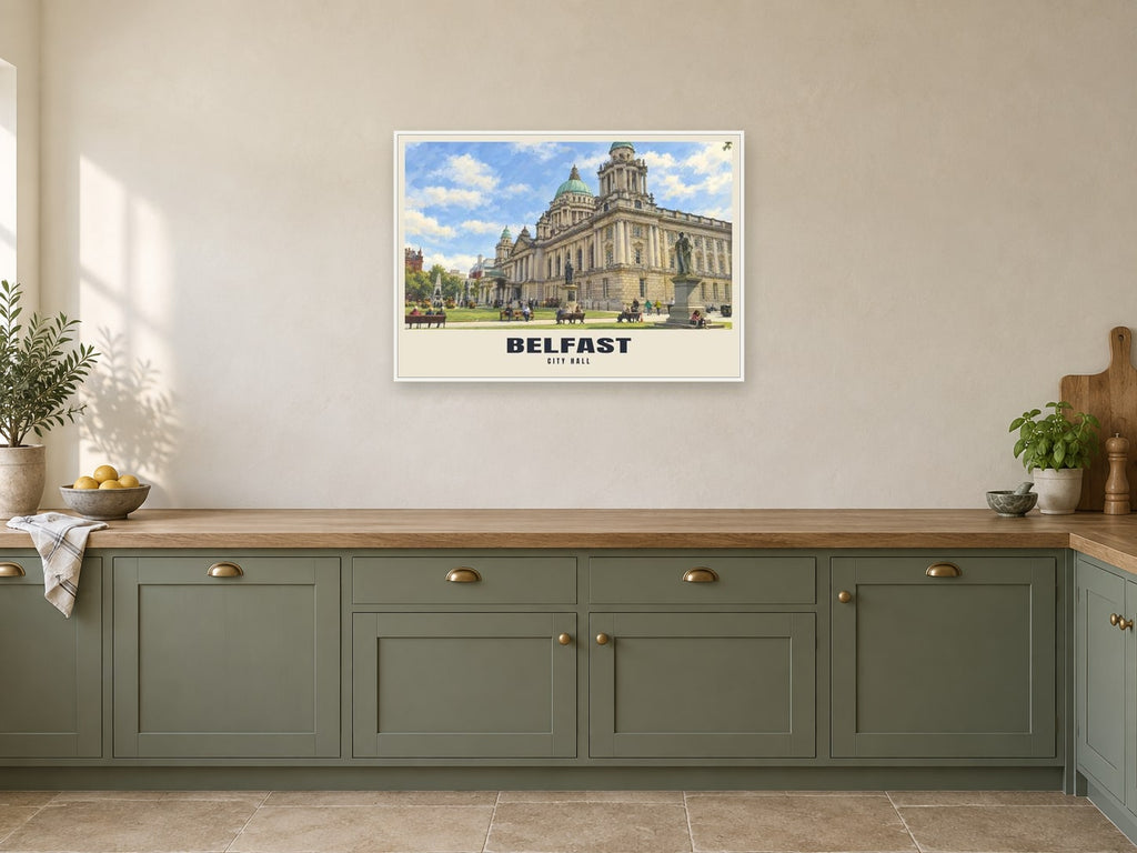 City Hall, Belfast Poster at A1, in a white frame, in a kitchen