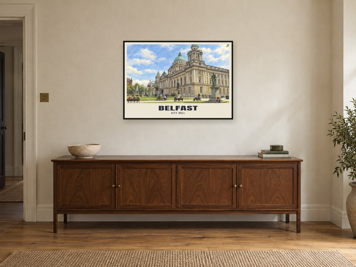 City Hall, Belfast Poster at A1, in a black frame, above a sideboard