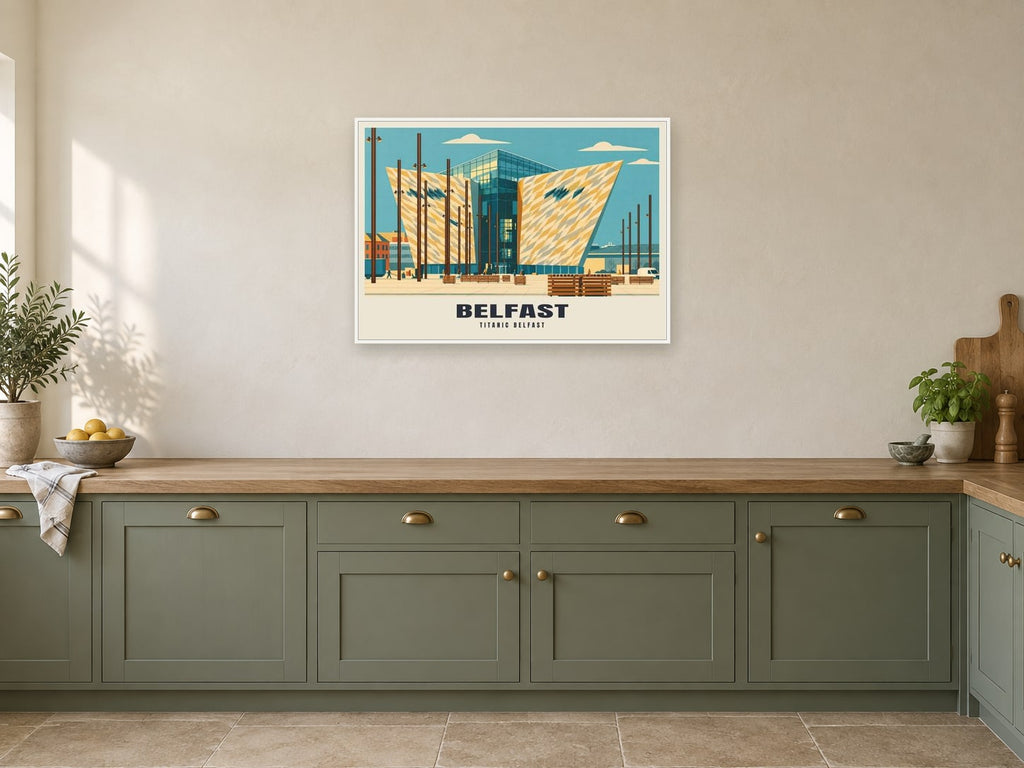 Titanic Belfast Poster at A1, in a white frame, in a kitchen