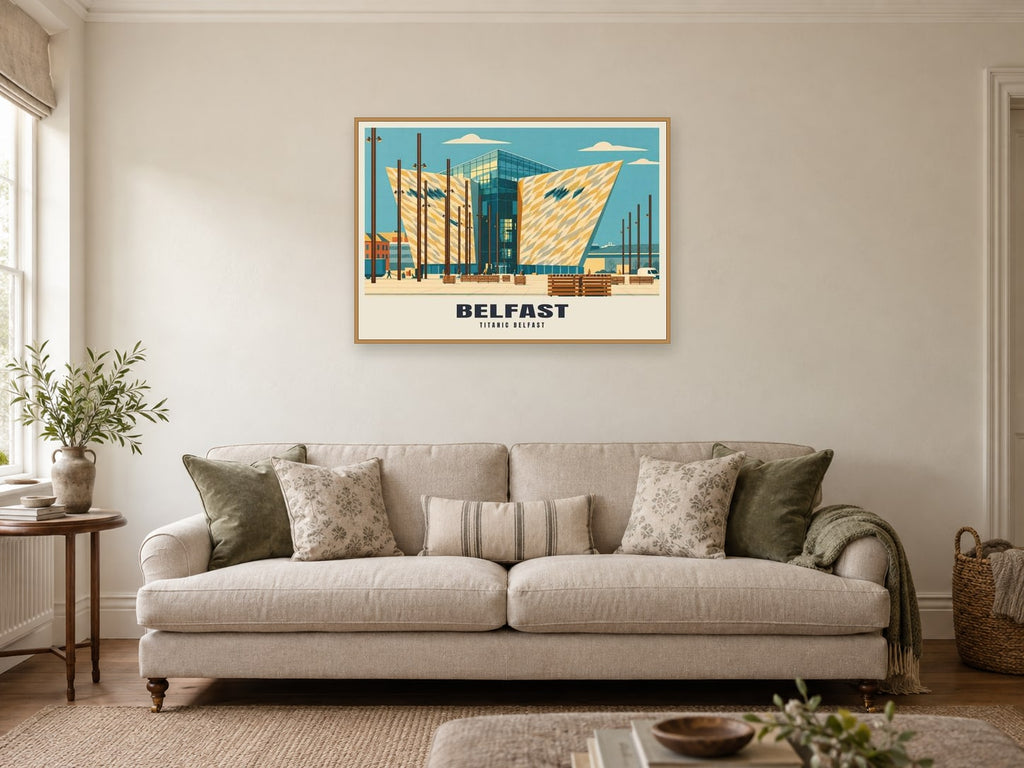 Titanic Belfast Poster at A1, in an oak frame, in a sitting room