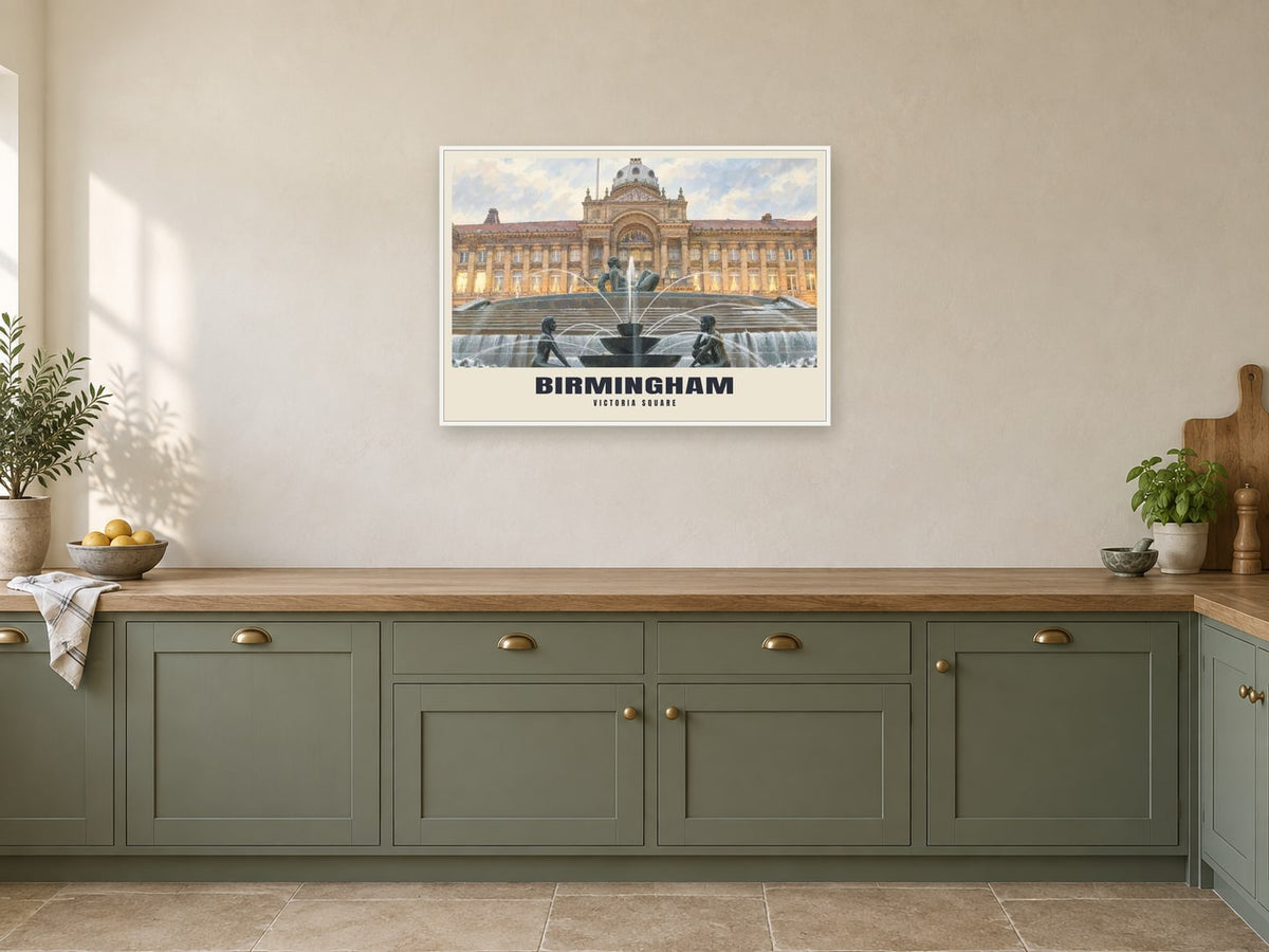 Victoria Square, Birmingham Poster at A1, in a white frame, in a kitchen