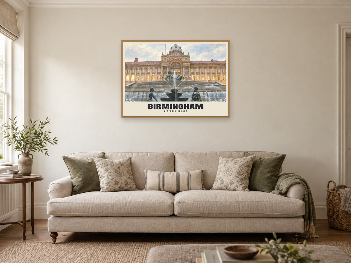 Victoria Square, Birmingham Poster at A1, in an oak frame, in a sitting room