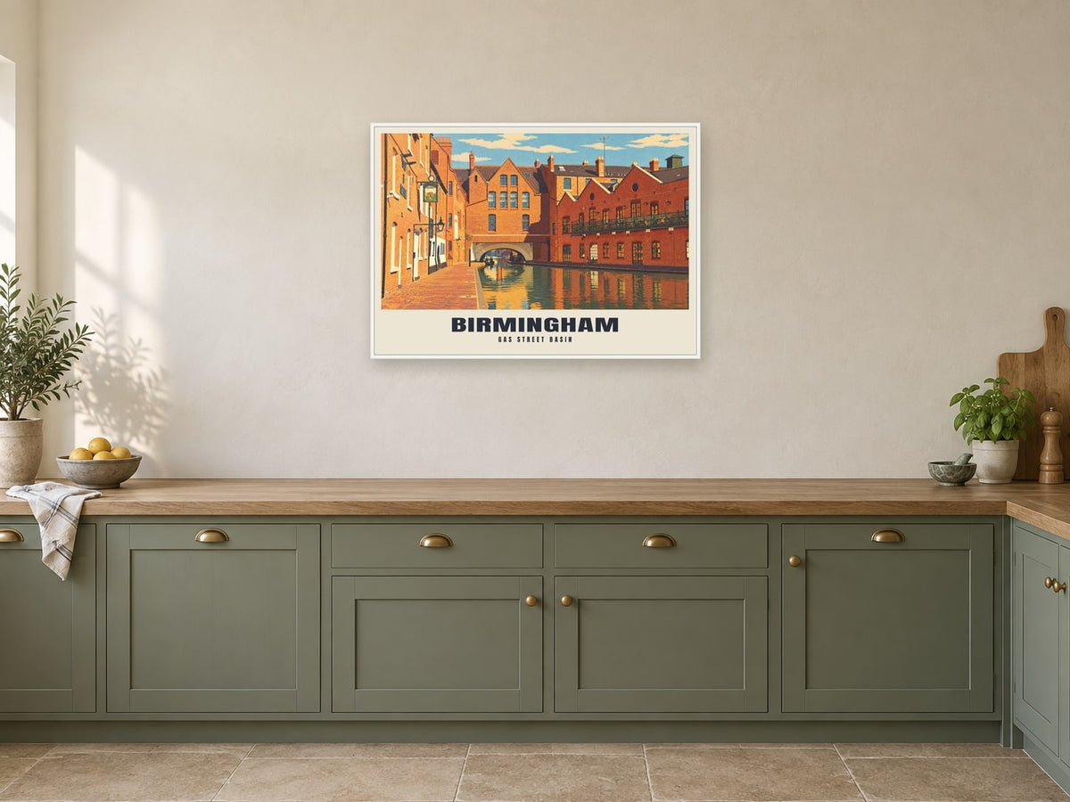 Gas Street Basin, Birmingham Poster at A1, in a white frame, in a kitchen