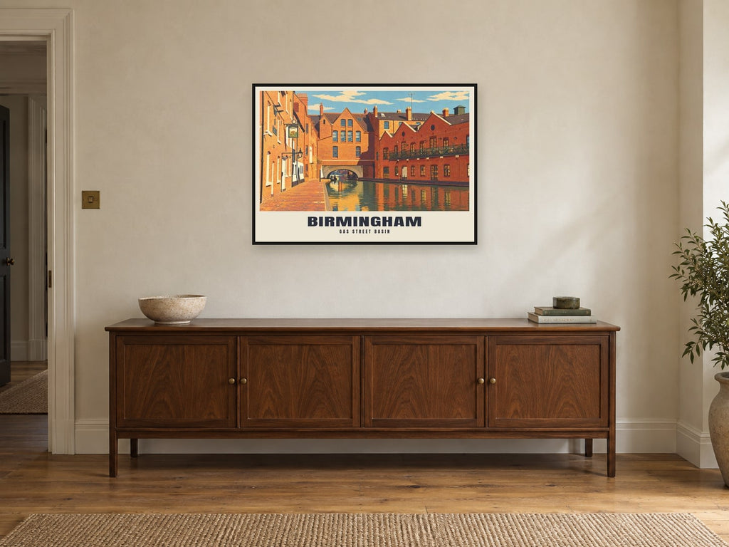 Gas Street Basin, Birmingham Poster at A1, in a black frame, above a sideboard