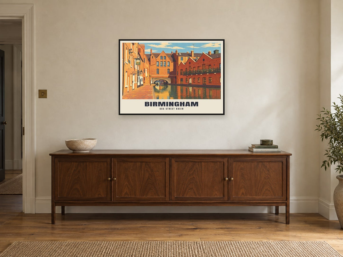 Gas Street Basin, Birmingham Poster at A1, in a black frame, above a sideboard